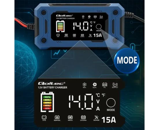 Qoltec Intelligent microprocessor charger 12V 15A | Rectifier with repair function and maintaining power supply during battery replacement | for AGM GEL LiFePO4 | LCD Зарядные устройства и стартеры