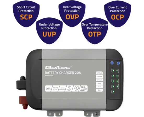 Qoltec Smart Monolith charger for LiFePO4 AGM GEL SLA batteries | 20A | 12V Akumulatoru lādētāji, starteri