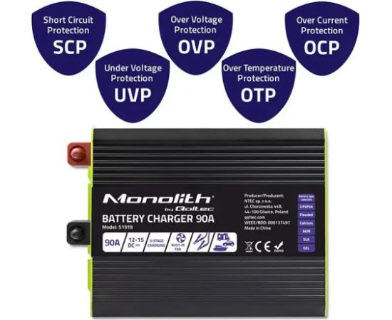 Qoltec Charger for LiFePO4 AGM GEL SLA batteries 90A Akumulatoru lādētāji, starteri
