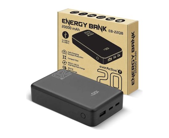 Powerbank 20 000mAh, 1x USB, 2x USB-C, 20W, QC4+, LCD screen, black Power Banks