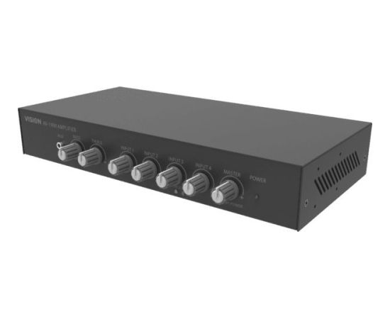 Vision Profesjonalny cyfrowy mikser audio-wzmacniacz - 2 x 50 W (RMS @ 8 Ohm) - RS-232 - Bluetooth (możliwość zmiany, ustalony PIN) - 4 x wejścia, każde albo wysokopoziomowe, albo mikrofonowe (symetryczne z regulacją Trim i wyłącznikiem Усилители / A/V ресиверы