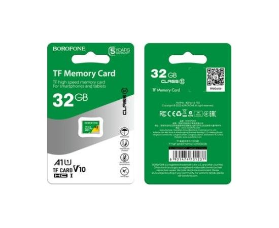 Borofone   MICROSD MEMORY CARD 32GB SDHC CLASS10 90MB/S Atmiņas kartes micro SD SDHC