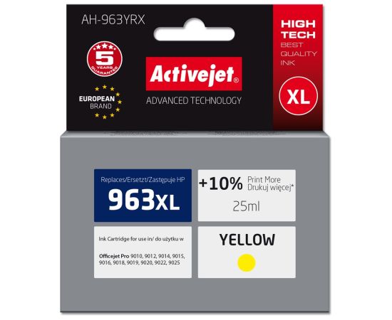 Activejet AH-963YRX Ink (replacement for HP 963XL 3JA29AE; Premium; 1760 pages; 25 ml, yellow) Tintes printeru izejmateriāli