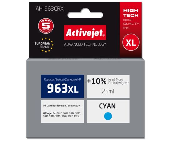 Activejet AH-963CRX Ink (replacement for HP 963XL 3JA27AE; Premium; 1760 pages; 25 ml, cyan) Tintes printeru izejmateriāli