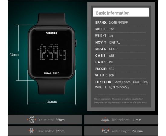 SKMEI 1271 BK black Rokas pulksteņi 