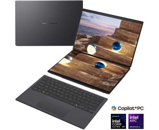 Asus Zenbook Duo UX8407AA-SN066W Moher Gray 14 " OLED Touchscreen 2.8K 2880 x 1800 pixels 144 Hz Anti-Reflective Intel Core Ultra X9 378H 32 GB LPDDR5X Solid-state drive capacity 2000 GB Intel Arc Graphics Windows 11 Pro 802.11be Bluetooth version 5.4 Key Ноутбуки