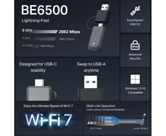 TP-LINK BE6500 Tri-Band Wi-Fi 7 Mini Wireless USB Adapter Archer TBE400U 2.4 GHz, 5 GHz, 6 GHz 802.11ax MU-MiMO No no PoE Antenna type Internal Access Points