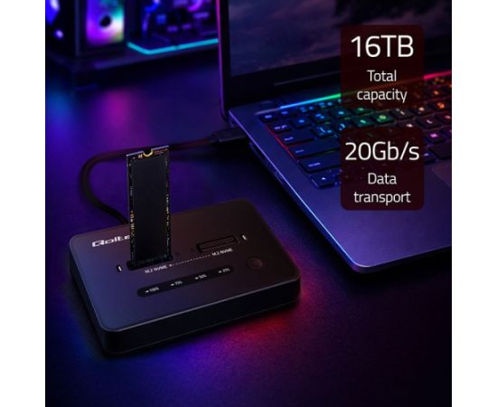 Qoltec 52366 M.2 NVMe SSD Docking Station | PCIe | USB-C | 20 Gb/s | DUAL 2 x 8TB | Offline cloning Dokstacijas portatīvajiem datoriem