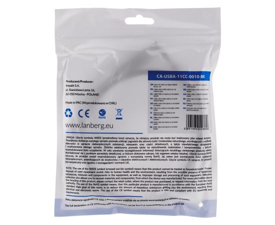 Lanberg CA-USBA-11CC-0010-BK USB cable 1 m 2.0 USB B Black Дата USB-кабели