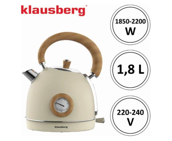 Klausberg Elektriskā tējkanna ar termometru, nerūsējošā tērauda, ​​krēmkrāsas ar koka apdari, 1,8 l, 2200 W, K Tējkannas (elektriskās)