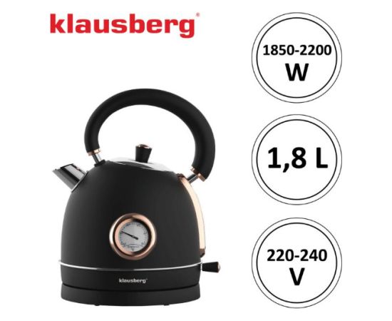Klausberg Elektriskā tējkanna ar termometru, nerūsējošā tērauda, ​​melna/rozā zelta krāsā, 1,8 l, 2200 W, KB 7 Tējkannas (elektriskās)