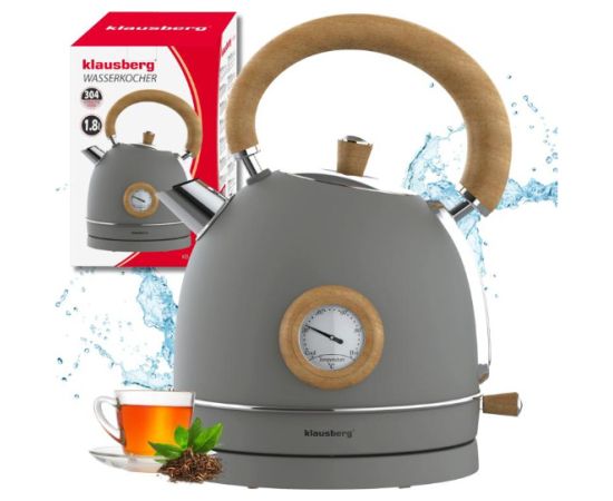 Klausberg Elektriskā tējkanna ar termometru, nerūsējošā tērauda, ​​pelēka ar koka apdari, 1,8 l, 2200 W, KB 90 Tējkannas (elektriskās)
