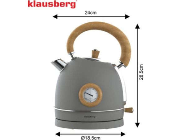 Klausberg Elektriskā tējkanna ar termometru, nerūsējošā tērauda, ​​pelēka ar koka apdari, 1,8 l, 2200 W, KB 90 Tējkannas (elektriskās)