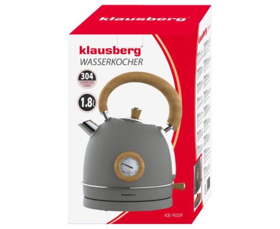 Klausberg Elektriskā tējkanna ar termometru, nerūsējošā tērauda, ​​pelēka ar koka apdari, 1,8 l, 2200 W, KB 90 Tējkannas (elektriskās)