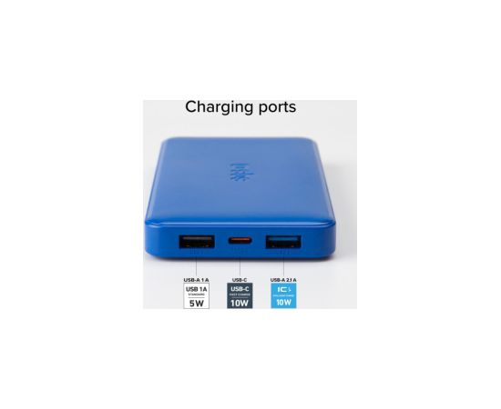 Enerģijas krātuve SBS 10000mAh 10W Cyan USB 2.1A 10W, USB 1A 5W, USB-C 2.1A Power Banks
