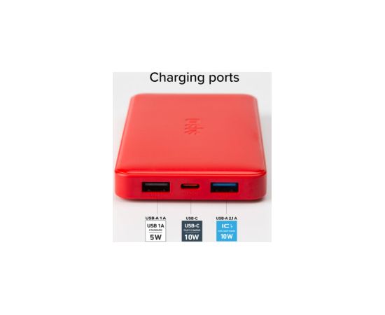 Enerģijas krātuve SBS 10000mAh 10W Red USB 2.1A 10W, USB 1A 5W, USB-C 2.1A Power Banks