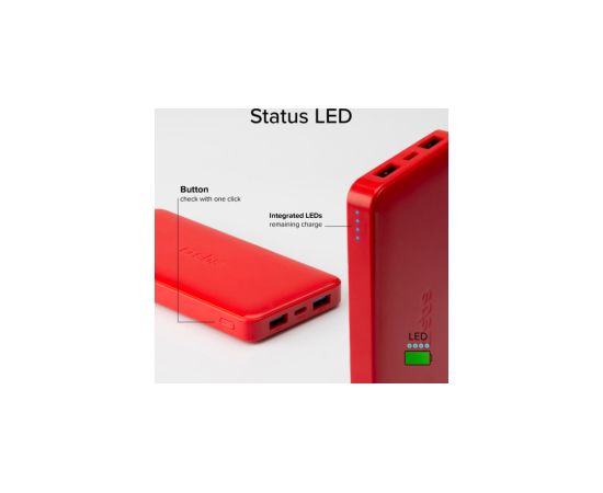 Enerģijas krātuve SBS 10000mAh 10W Red USB 2.1A 10W, USB 1A 5W, USB-C 2.1A Power Banks
