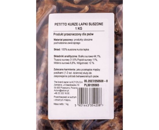 PETITTO Dried chicken feet - dog treat - 1kg Suņu barība