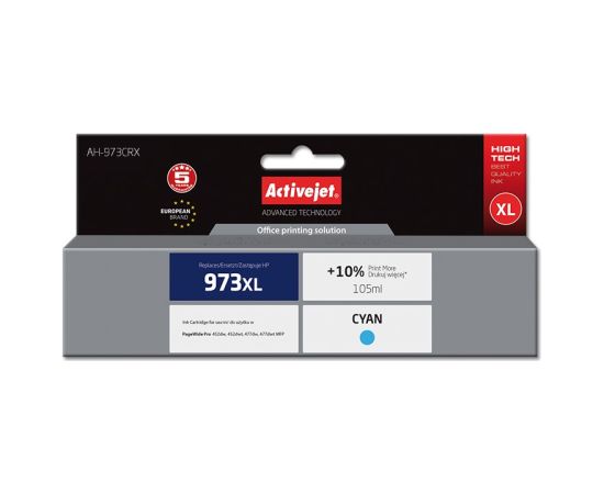 Activejet AH-973CRX ink (replacement for HP 973XL F6T81AE; Premium; 105 ml; cyan) Tintes printeru izejmateriāli