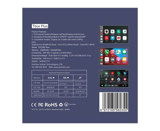 CARLINKIT Adapter Wireless TBOX-Plus 4GB+64GB Apple Carplay/Android Auto blue Adapteri
