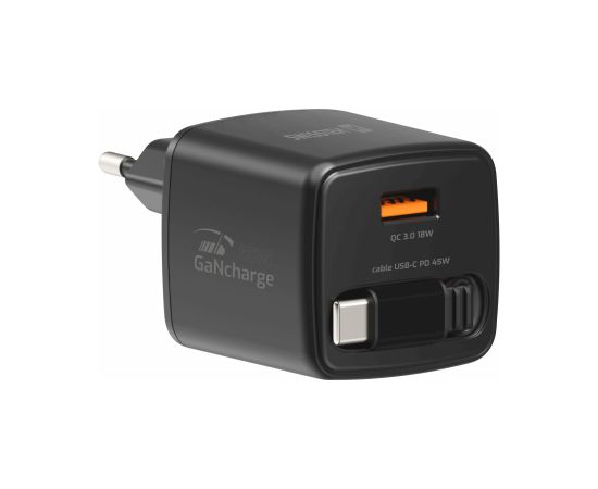 Swissten SlideCHARGE Tīkla Lādētājs GaN 45W USB-A 18W Ar ievelkamu USB-C vadu 0.75m melns Telefonu lādētāji 220v