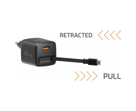 Swissten SlideCHARGE Tīkla Lādētājs GaN 45W USB-A 18W Ar ievelkamu USB-C vadu 0.75m melns Telefonu lādētāji 220v