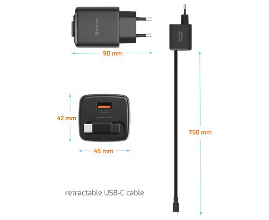 Swissten SlideCHARGE Tīkla Lādētājs GaN 45W USB-A 18W Ar ievelkamu USB-C vadu 0.75m melns Telefonu lādētāji 220v