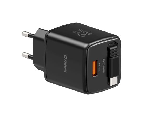 Swissten SlideCHARGE Tīkla Lādētājs GaN 45W USB-A 18W Ar ievelkamu USB-C vadu 0.75m melns Telefonu lādētāji 220v