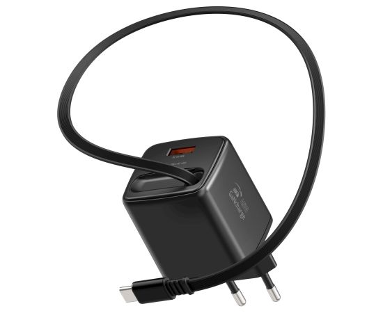 Swissten SlideCHARGE Tīkla Lādētājs GaN 45W USB-A 18W Ar ievelkamu USB-C vadu 0.75m melns Telefonu lādētāji 220v
