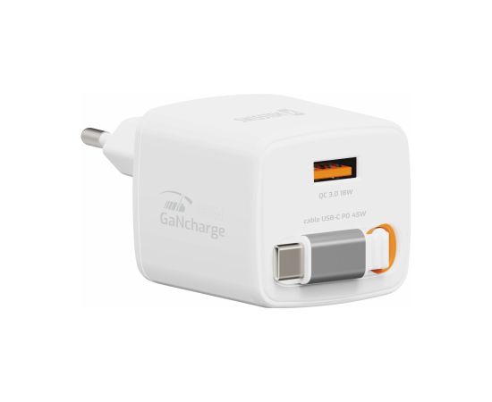 Swissten SlideCHARGE Tīkla Lādētājs GaN 45W USB-A 18W Ar ievelkamu USB-C vadu 0.75m balts Telefonu lādētāji 220v