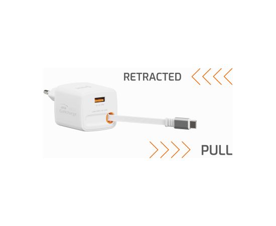 Swissten SlideCHARGE Tīkla Lādētājs GaN 45W USB-A 18W Ar ievelkamu USB-C vadu 0.75m balts Telefonu lādētāji 220v