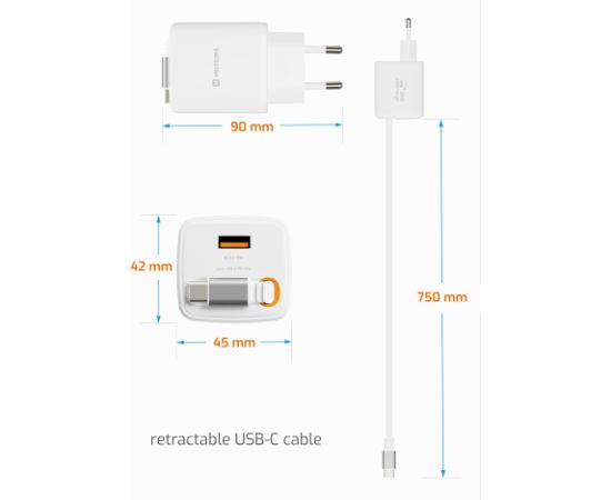 Swissten SlideCHARGE Tīkla Lādētājs GaN 45W USB-A 18W Ar ievelkamu USB-C vadu 0.75m balts Telefonu lādētāji 220v