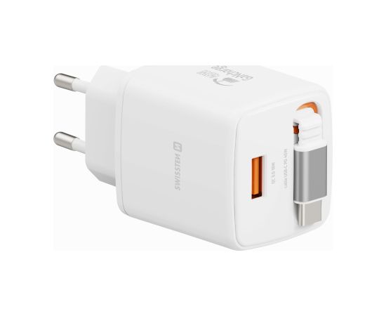 Swissten SlideCHARGE Tīkla Lādētājs GaN 45W USB-A 18W Ar ievelkamu USB-C vadu 0.75m balts Telefonu lādētāji 220v