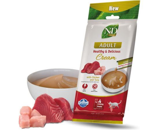 FARMINA N&D Prime Cat Cream with chicken & tuna adult box – cat treat for kittens – 4x15g Kaķu konservi