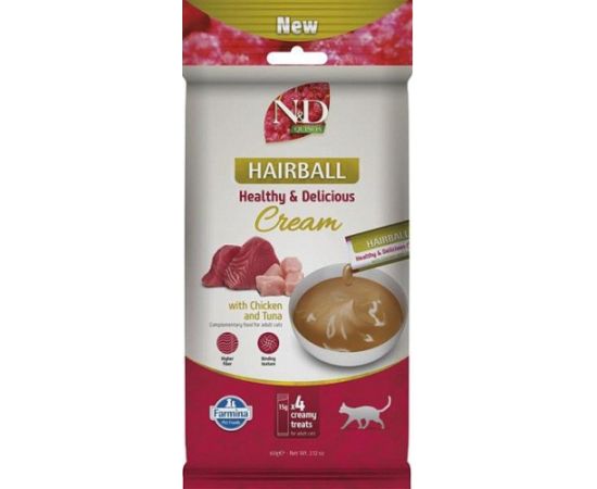 FARMINA N&D Quinoa Cat Hairball Cream with Chicken & Tuna box – cat treat – 4x15g Kaķu konservi
