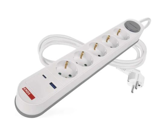 Emos Pagarinātājs 3 m / 5 kontaktligzdas / slēdzis / balts-pelēks / 1×USB-A + 1×USB-C / 1,5 mm2 Strāvas pagarinātāji