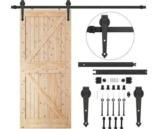 Bīdāmo durvju sistēma Springos HA5003, 200 cm, sliede līdz 100 kg, barn door, ar dekoratīvu furnitūru, tērauds, melna Mēbeļu piederumi