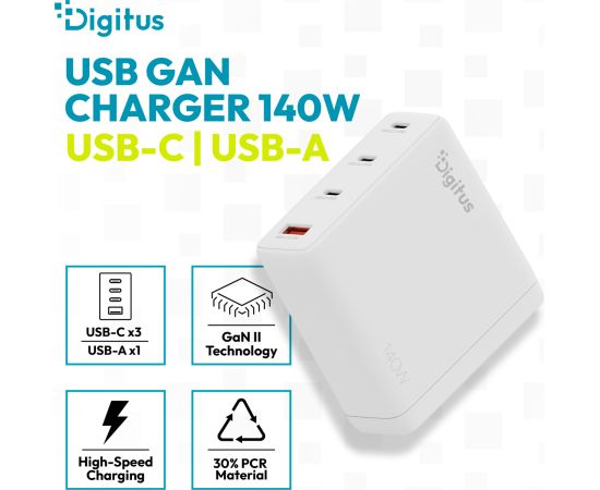 Digitus USB GaN Charger 140W, 3x USB-C, 1x USB-A DA-10305 Зарядные устройства