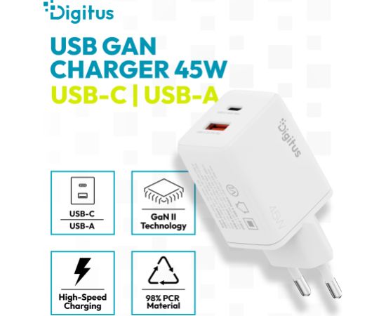 Digitus USB GaN Charger 45W, 1x USB-C, 1x USB-A DA-10302 Новинки смартфонов и телефонов