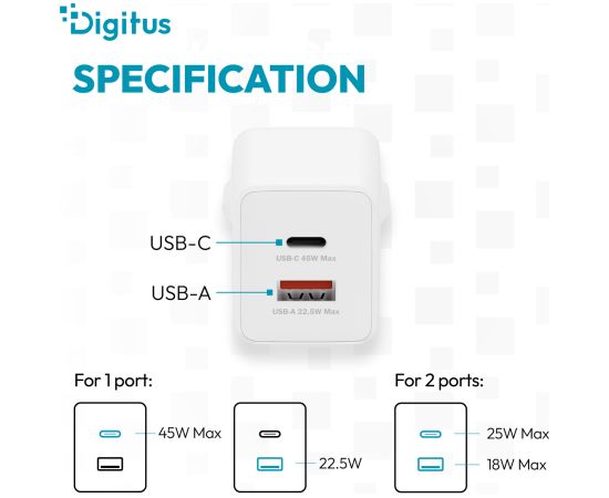 Digitus USB GaN Charger 45W, 1x USB-C, 1x USB-A DA-10302 Новинки смартфонов и телефонов