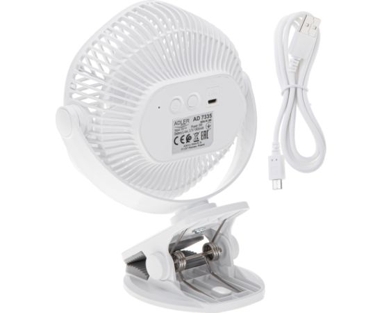 Adler Rechargeable fan with clip AD 7335 Table Fan 6 W Diameter 12.7 cm Number of speeds 3 Oscillation White Ventilatori