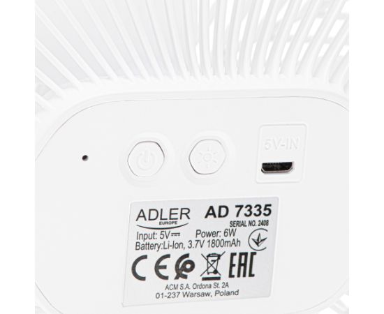 Adler Rechargeable fan with clip AD 7335 Table Fan 6 W Diameter 12.7 cm Number of speeds 3 Oscillation White Ventilatori