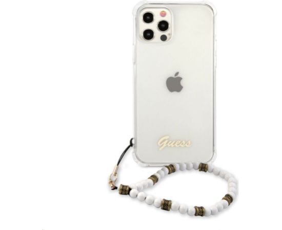 Guess Apple  iPhone 12/12 Pro PC Script and White Pearls Case Transparent Neoriģinālie Maciņi