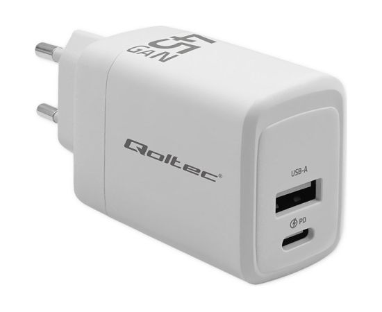 Qoltec 51825 GaN 45W charger| 5-20V | 1.5-3A | 1 x USB-C PD | 1x USB QC 3.0 | White Telefonu lādētāji 220v
