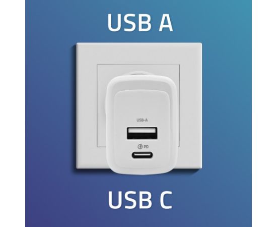 Qoltec 51825 GaN 45W charger| 5-20V | 1.5-3A | 1 x USB-C PD | 1x USB QC 3.0 | White Telefonu lādētāji 220v