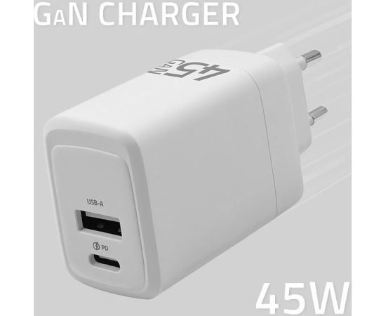 Qoltec 51825 GaN 45W charger| 5-20V | 1.5-3A | 1 x USB-C PD | 1x USB QC 3.0 | White Telefonu lādētāji 220v