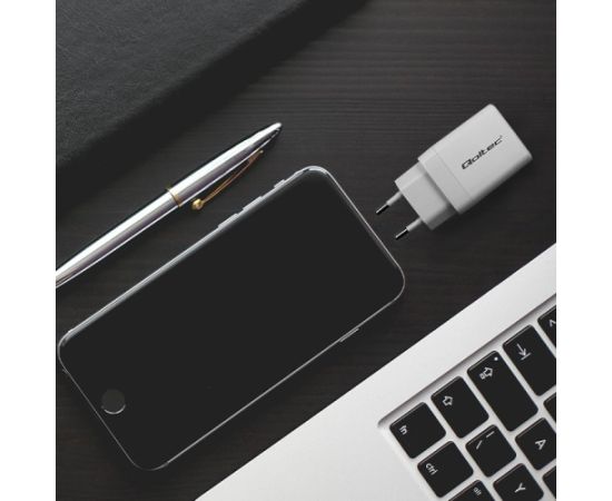 Qoltec 51825 GaN 45W charger| 5-20V | 1.5-3A | 1 x USB-C PD | 1x USB QC 3.0 | White Telefonu lādētāji 220v