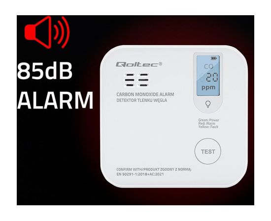 Qoltec 52577 Wireless Carbon monoxide (CO) sensor with battery | sensor service life 10 years | alarm 85dB | LED Умный дом