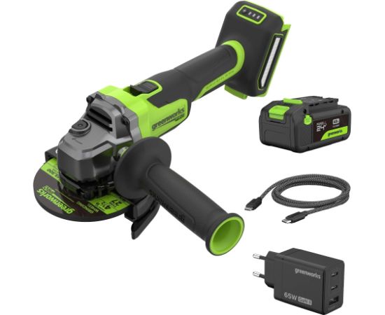 Akumulatora leņķa slīpmašīna Greenworks AG590A1; 24 V; 900 W; 125 mm; 1x4,0 Ah akum. Slīpmašīnas