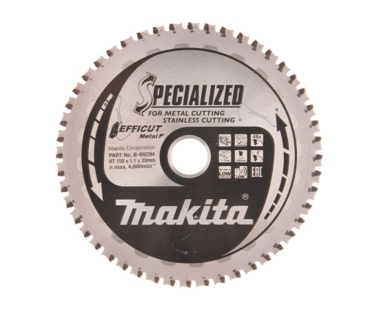 Griešanas disks metālam Makita Efficut Metal; 150x1,1x20 mm; Z48; 0° Zāģripas